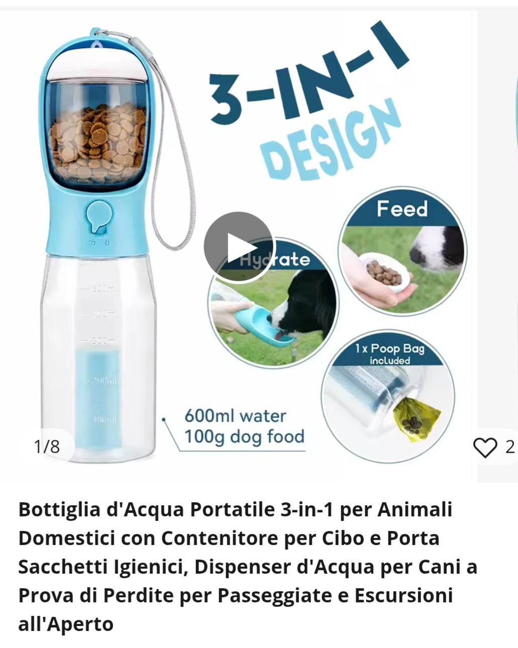 Bottiglia d'Acqua Portatile 3-in-1 per Animali Domestici con Contenitore per Cibo e Porta Sacchetti Igienici