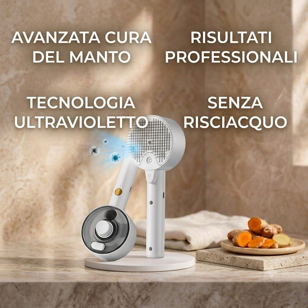 Pet Glow™ — Spazzola Genera Vapore con Tasto Antibatterico — Il tuo tesoro si rilassa mentre lo curi.