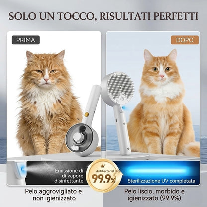 Pet Glow™ — Spazzola Genera Vapore con Tasto Antibatterico — Il tuo tesoro si rilassa mentre lo curi.